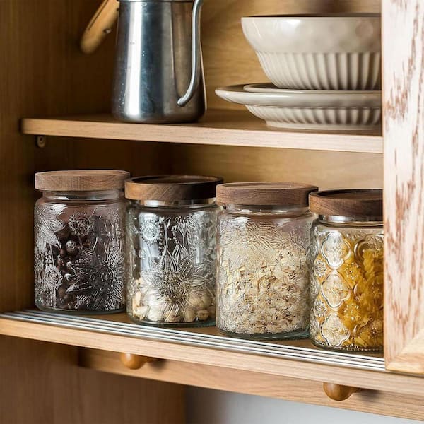 1-Piece Airtight Decorative Vintage Glass Jar with Wooden Lid Sunflower Embossed Food Storage Canister Kitchen