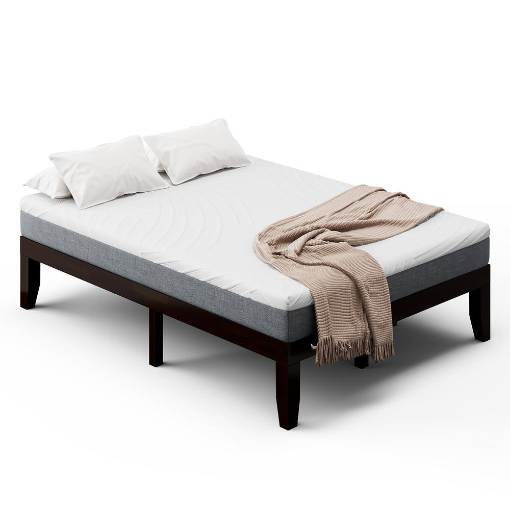 Costway Brown Wood Frame Full Platform Bed with 8 in. Foam Mattress Set