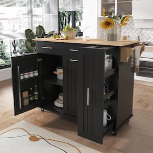 Black Wood 46 in. Kitchen Island with 3 Tier Pull Out Cabinet and 2 Drawers