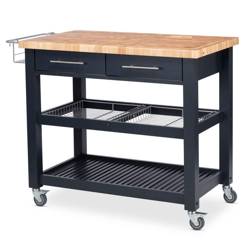 Midnight Navy Rubberwood Kitchen Cart with Butcher Block Top