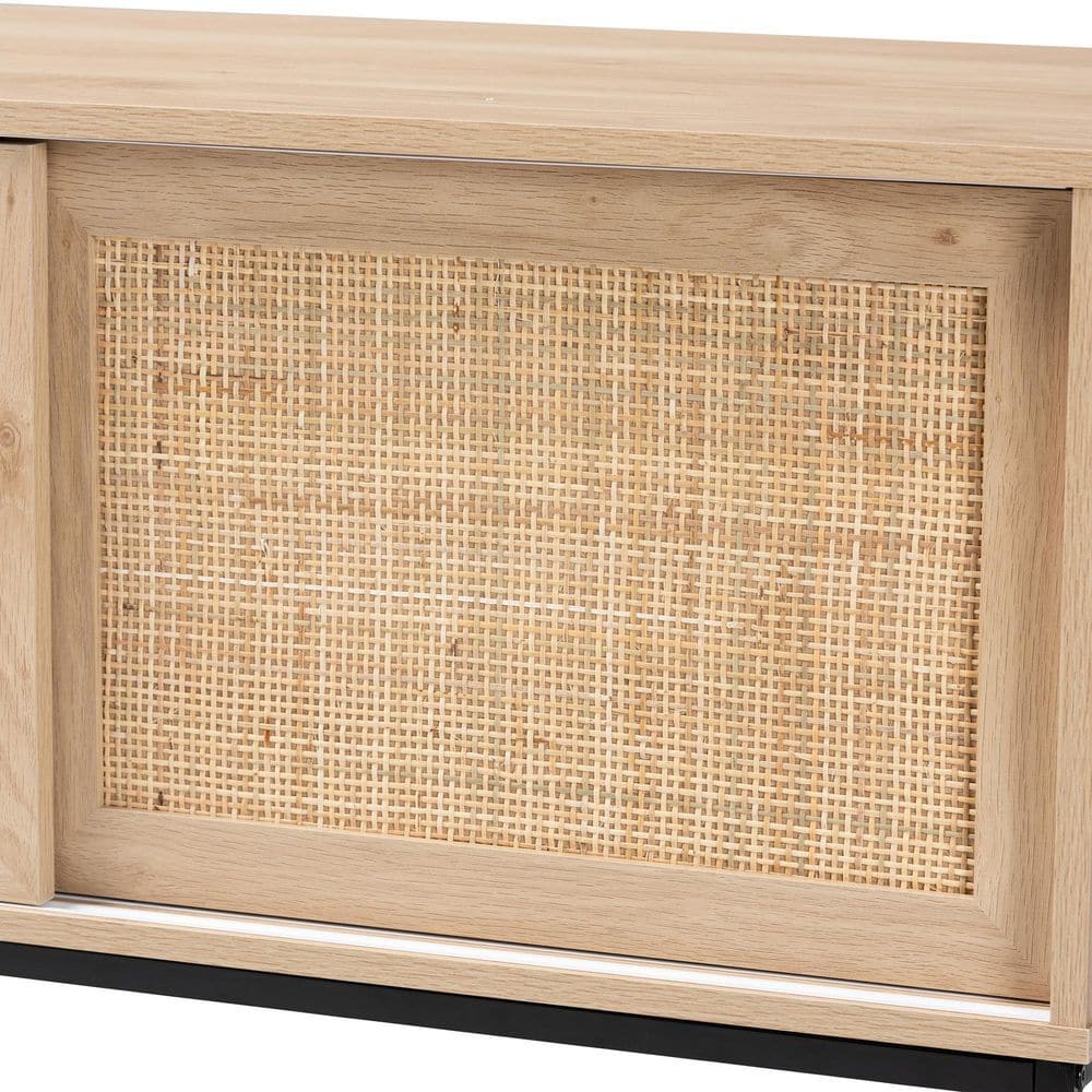 Amelia 42.9" Natural Brown Wood and Black Metal Rattan Sideboard