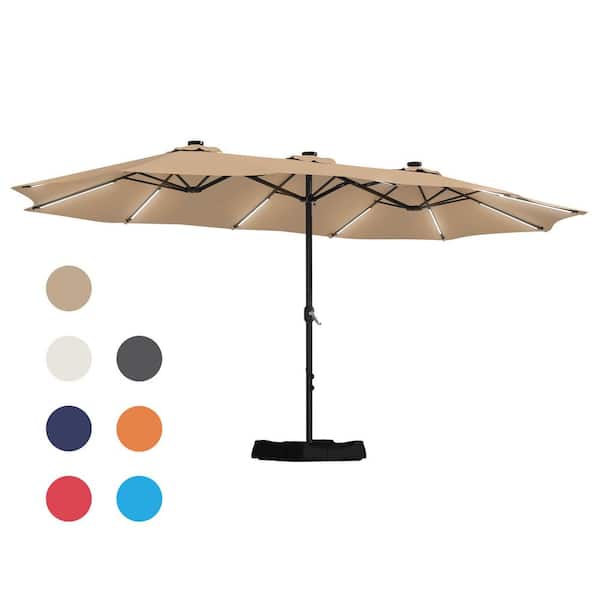 Mondawe 15 ft. Patio Solar Market Umbrella Double-Sided Outdoor Umbrella with Base and Detachable Light Strip in Tan