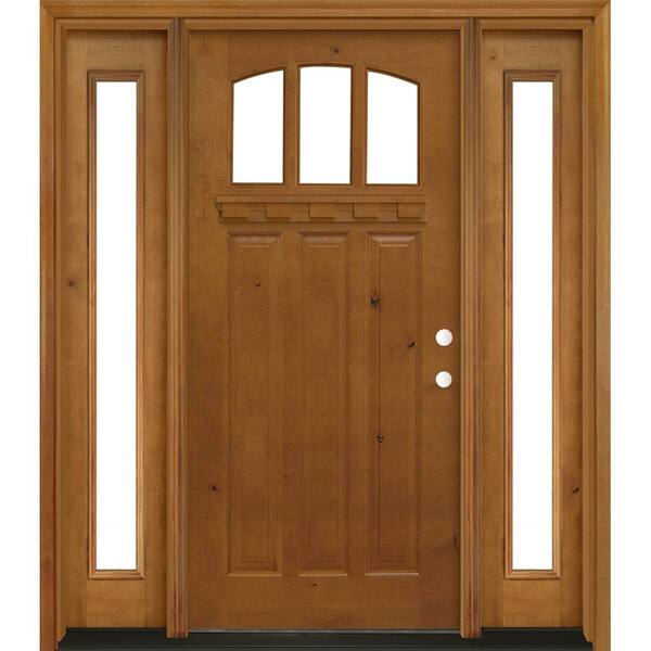 Steves & Sons 64 in. x 80 in. Craftsman 3 Lite Arch Stained Knotty Alder Wood Prehung Front Door with Sidelites