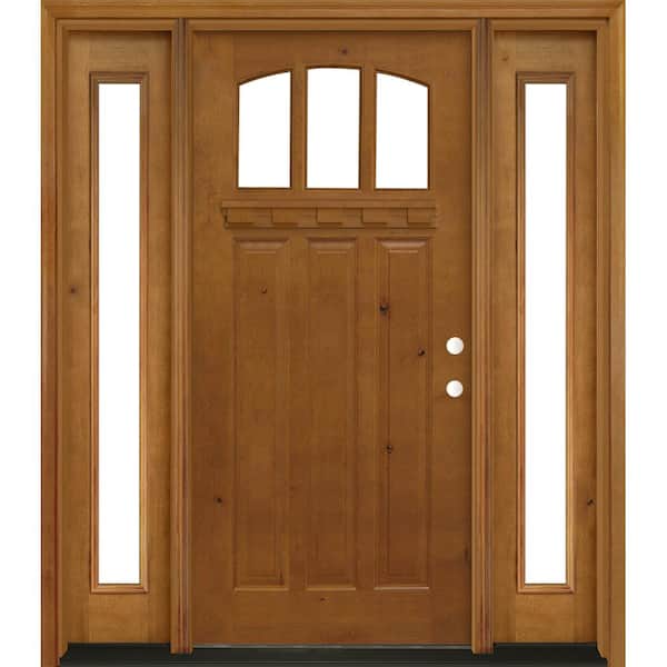 Steves & Sons 68 in. x 80 in. Craftsman 3 Lite Arch Stained Knotty Alder Wood Prehung Front Door with Sidelites