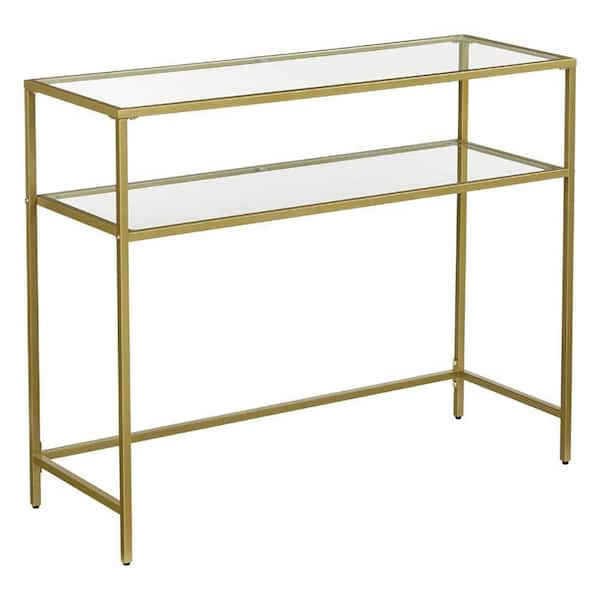 Benjara 39.4 in. Gold Tempered Glass Shelves Rectangular Metal Frame Sofa Console Table