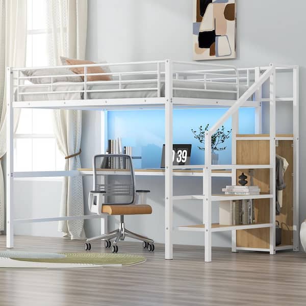 White Full Size Metal Loft Bed with Storage Staircase, Small Wardrobe and LED Light