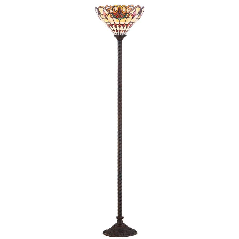 Davis Tiffany-Style 70" Bronze Torchiere with Multicolor Stained Glass