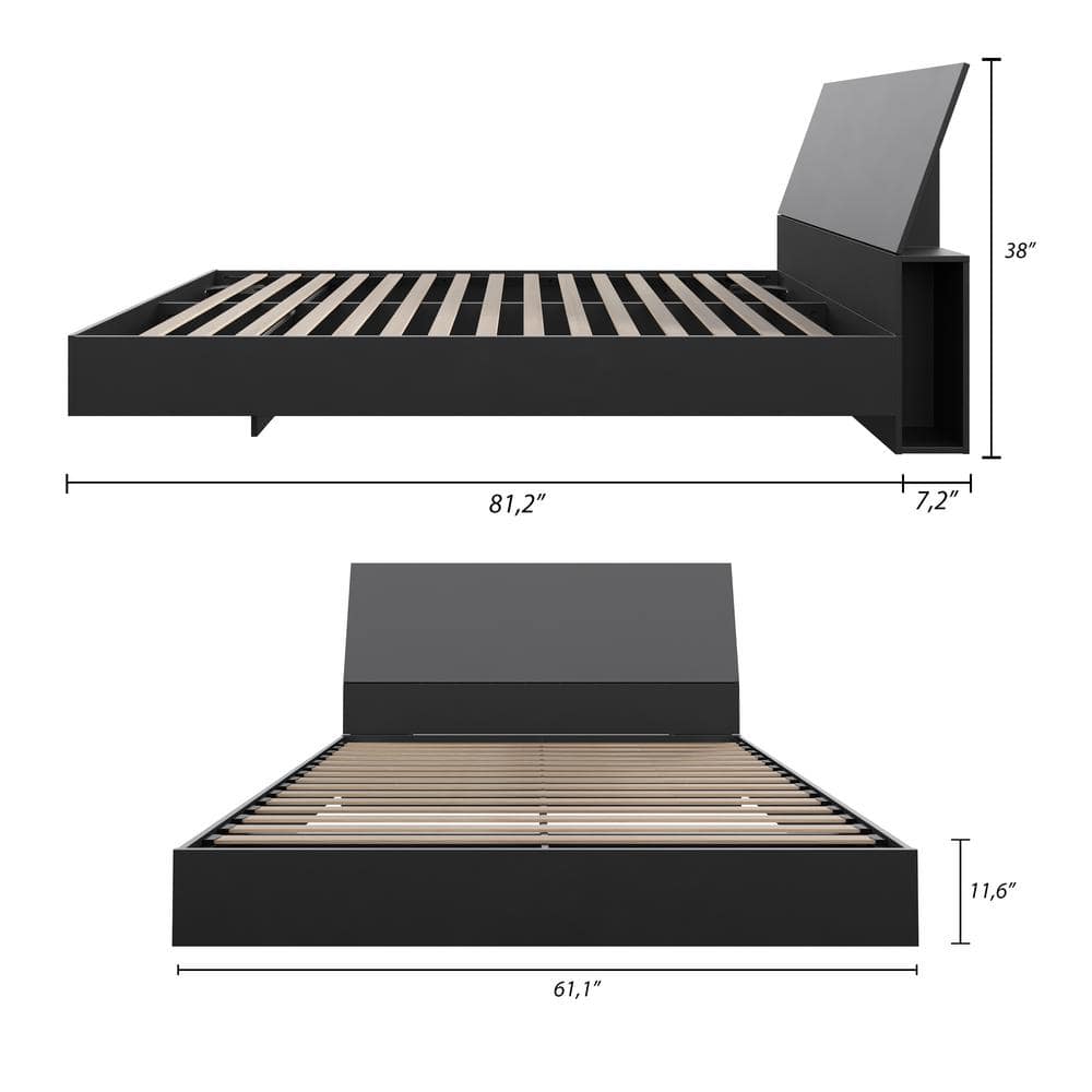 Serenity Queen Size Floating Black Wood Platform Bed with Storage