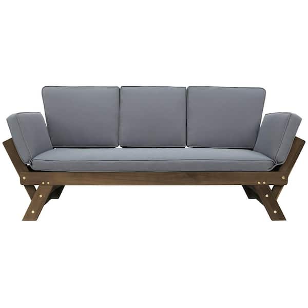Zeus & Ruta Brown Finish Wood Adjustable Outdoor Day Bed Sofa Chaise Lounge with Gray Cushions for Garden, Balcony, Backyard