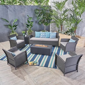 St. Lucia Gray 7-Piece Wicker Patio Fire Pit Conversation Set with Silver Cushions