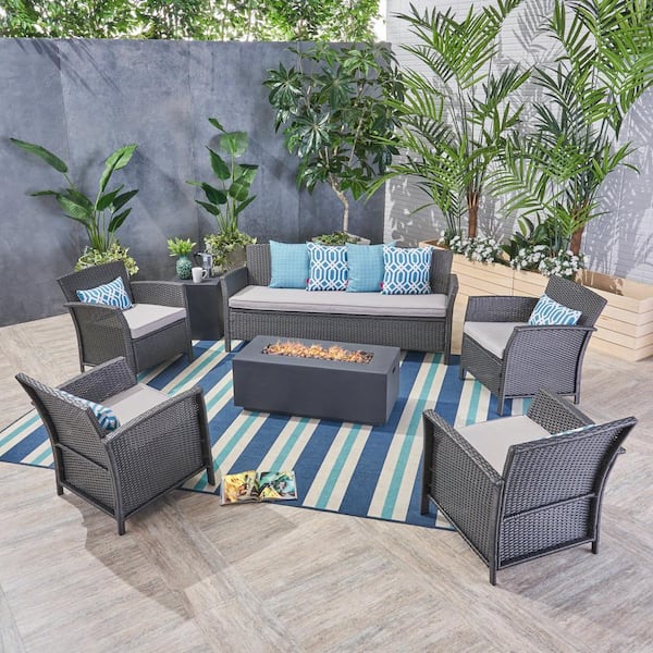 Noble House St. Lucia Gray 7-Piece Wicker Patio Fire Pit Conversation Set with Silver Cushions