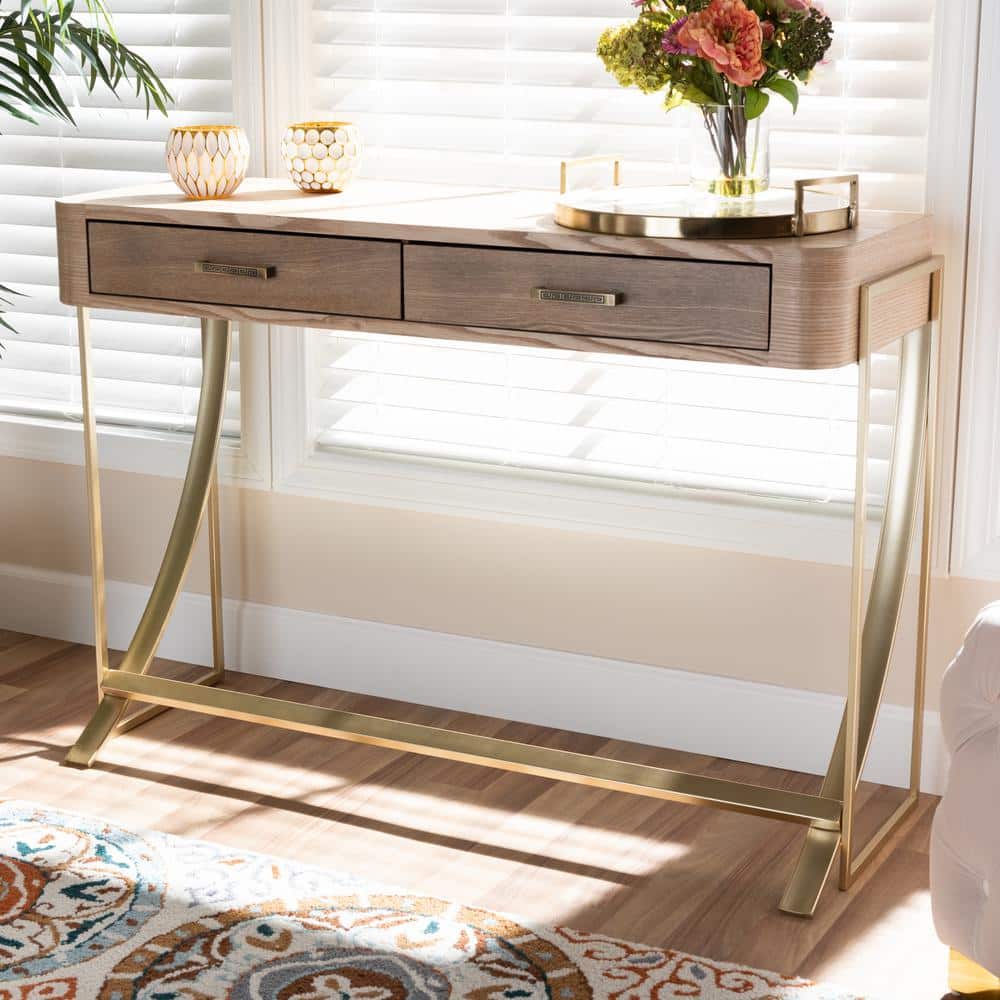 Light Brown and Gold Wood Metal Hallway Table with Storage