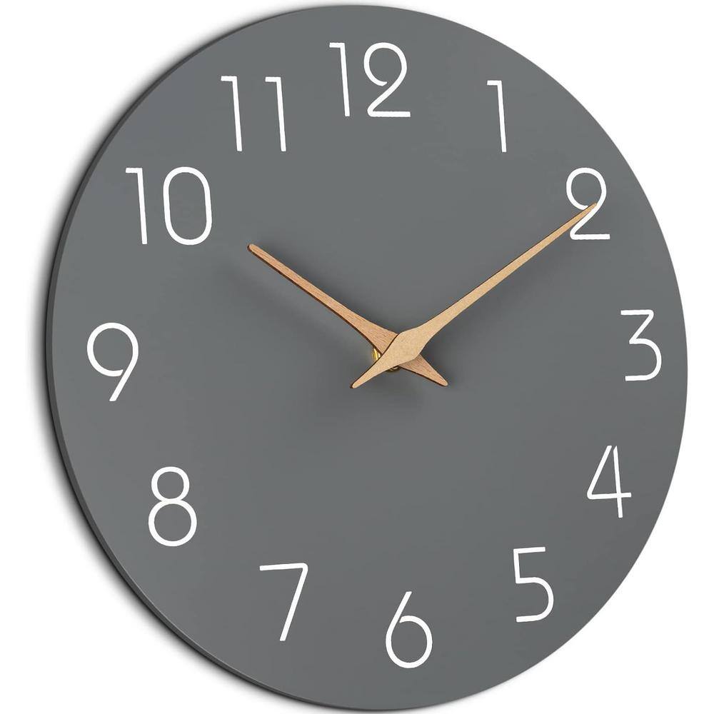 Gray 12-Inch Silent Non-Ticking Wooden Wall Clock