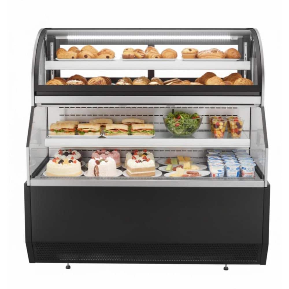 72 in. 24.1 cu. ft. Double-Deck Open Display Refrigerated Showcase with Curved Glass Door Bakery Display in Black