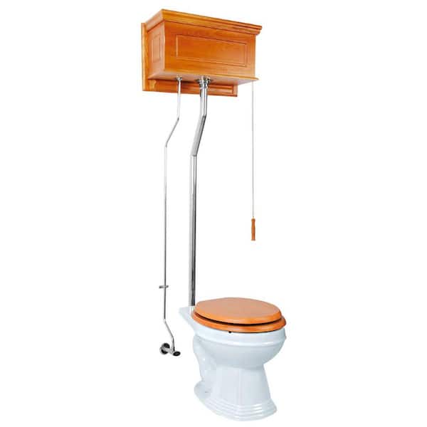 RENOVATORS SUPPLY MANUFACTURING High Tank Toilet 2-Piece Round Bowl in White 1.6 GPF Single Flush Light Oak Tank Chrome Pipes Seat not Included