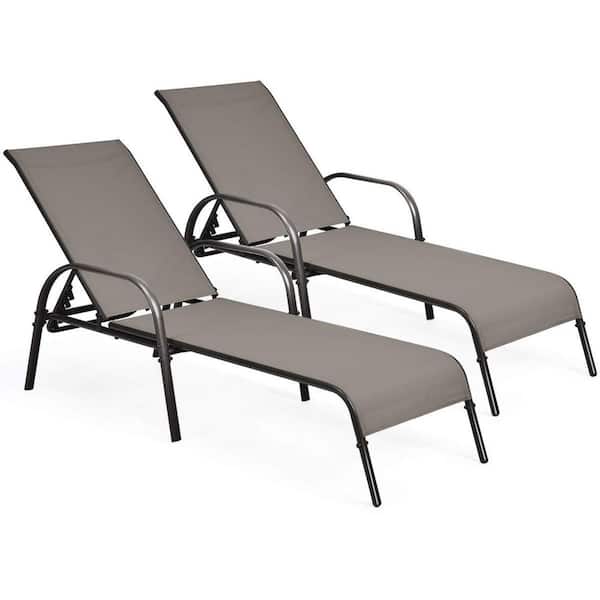 Alpulon 2-Piece Metal Adjustable Outdoor Chaise Lounges Chairs with Adjustable Reclining Armrest in Brown