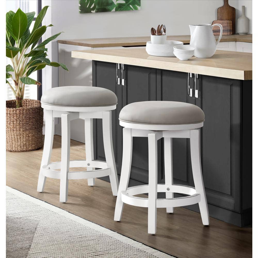 White Swivel Backless Wood and Leather Counter Stools, Set of 2