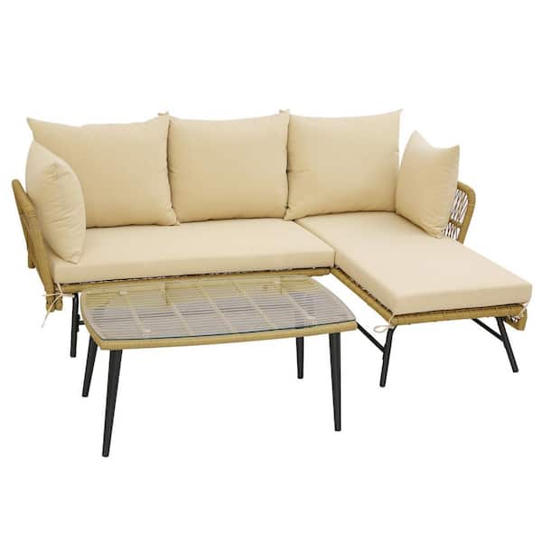 Gymax 3-Pieces Patio Wicker Furniture Set L-Shaped Sofa Conversation Set with Beige Cushions