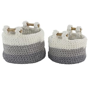 White, Gray and Blue Striped Large Round Cotton Rope Baskets with Teak Wood Handles (Set of 2)