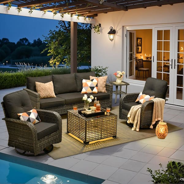 Daphne 5-Piece Wicker Patio Conversation Sofa Seating Set with Swivel Rocking Chairs and Black Cushions