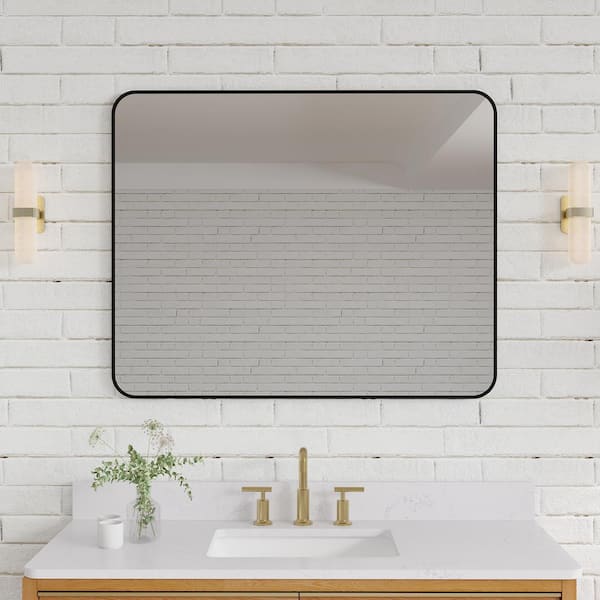 ANGELES HOME 40 in. W x 32 in. H Rectangular Anodized Aluminum Framed Wall Bathroom Vanity Mirror in Matte Black