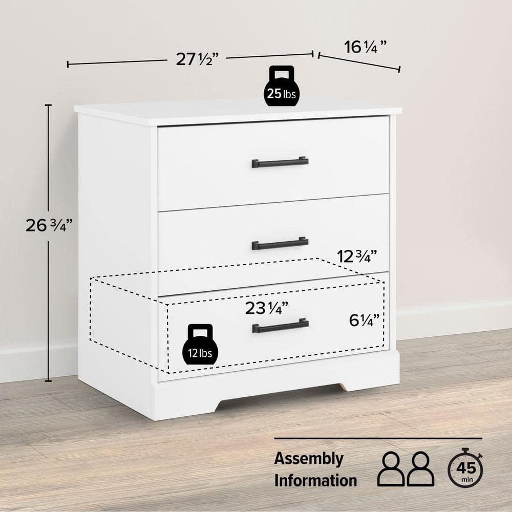 Rustic White 3-Drawer Farmhouse Nightstand with Black Handles