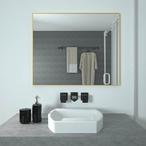 TaiMei 36 in. W x 30 in. H Rectangular Framed Wall Bathroom Vanity Mirror in Brushed Gold