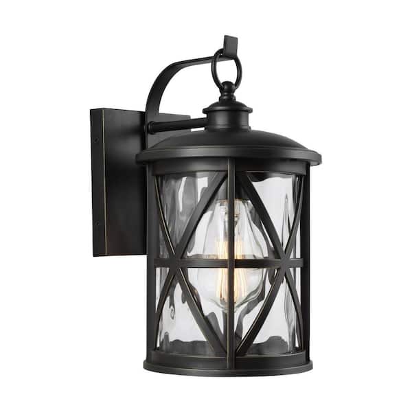 Millbrooke Mini 6.75 in. W 1-Light Antique Bronze Outdoor Wall Mount Lantern with Water Glass