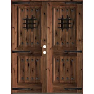 60 in. x 80 in. Mediterranean Knotty Alder Square Top with Red Mahogony Stain Left-Hand Wood Double Prehung Front Door