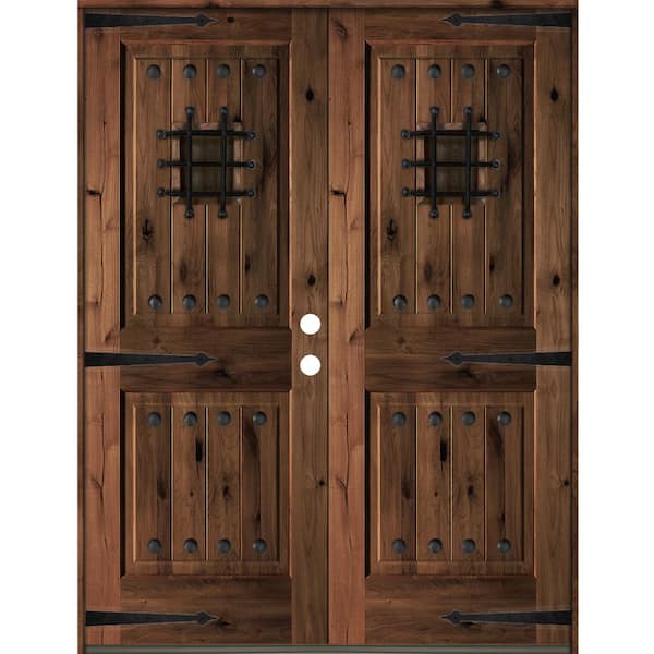 Krosswood Doors 64 in. x 80 in. Mediterranean Knotty Alder Square Top with Red Mahogony Stain Left-Hand Wood Double Prehung Front Door