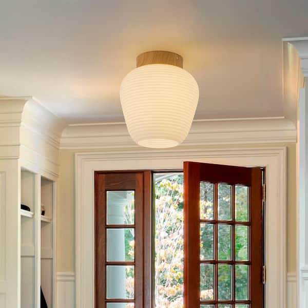 Lueck 1-Light 7.87 in. Wood Flush Mount with White Milk Glass Shade