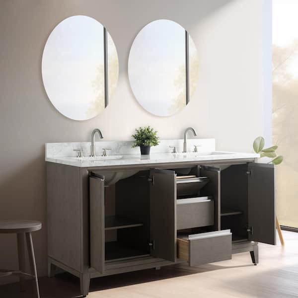 Vanity Art 60 in. W x 22 in. D x 34 in. H Double Sink Bathroom Vanity in Driftwood Gray with Engineered Marble Top