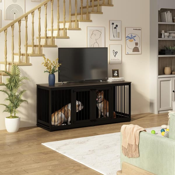 71 in. Heavy-Duty Wooden Dog Crate for 2 Dogs, Large Black Dog Crate Furniture w/Trays and Divider for Large Medium Dogs