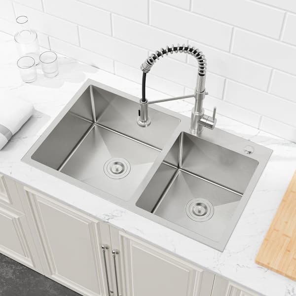 Modern 32 in. x 19 in. Stainless Steel Double Bowl Drop-In Kitchen Sink in Brushed Nickel with Drain and Hooks