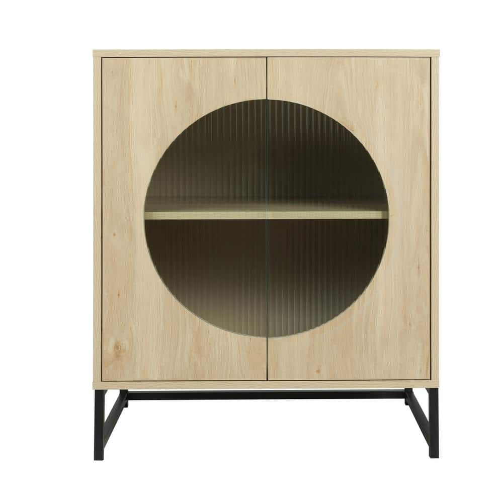 26.77 in. W x 15.75 in. D x 32.83 in. H Natural Beige Linen Cabinet with Glass Door and Adjustable Shelf, Natural Oak
