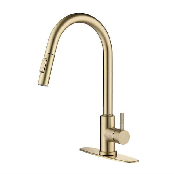 FLG Single Handle Touch On Pull Down Sprayer Kitchen Faucet with Pull Out Spray Wand Stainless Steel Taps in Brushed Gold