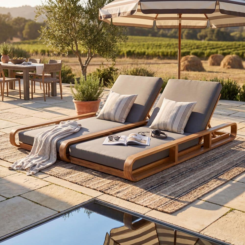 Adero Teak Finish Acacia Wood Outdoor Patio Double Chaise Lounge with Two Dark Grey 2-Fold Cushions