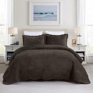 BYV311 Dark Brown Leaf and Vines King Size Polyester Velvet Quilt Bedspread Set