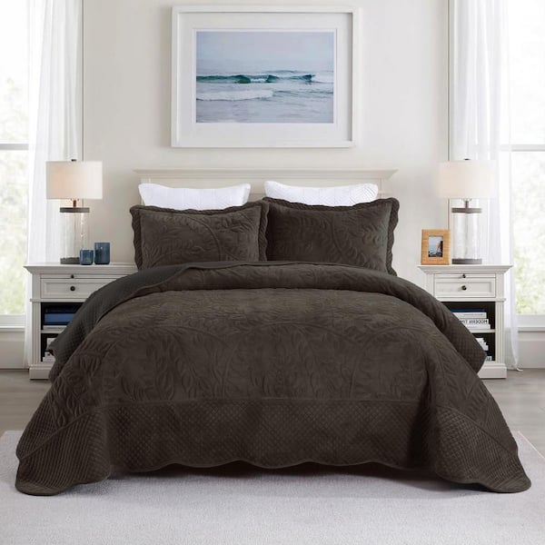 MarCielo BYV311 Dark Brown Leaf and Vines Queen Size Polyester Velvet Quilt Bedspread Set