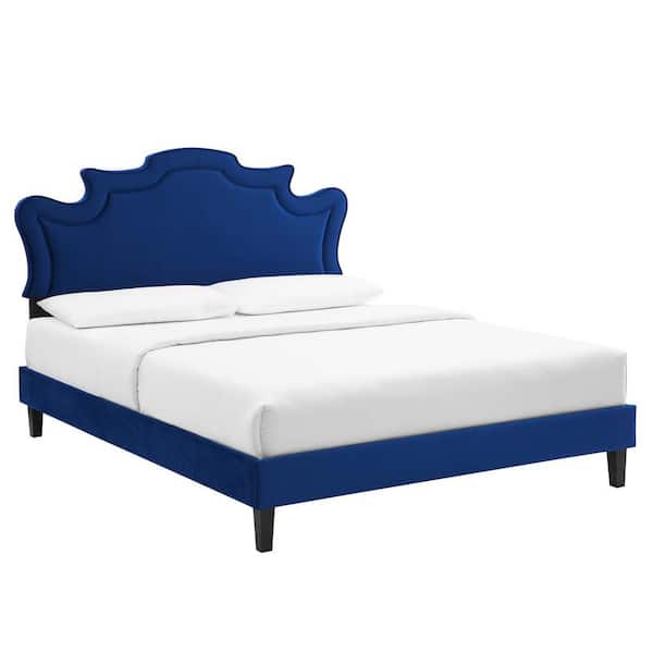 MODWAY Neena Blue Performance Velvet Frame Twin Platform Bed with Tapered Black Wood Legs