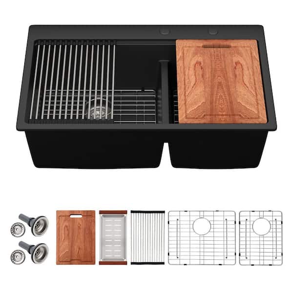 33 in. Drop-in/Topmount 60/40 Double Bowl Black Quartz Composite Low Divide Workstation Kitchen Sink with Bottom Grids