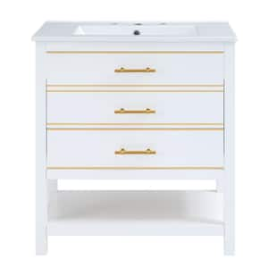 30 in. W x 18 in. D x 34 in. H Bathroom Vanity in White with Open Storage, 2-Drawers and White Ceramic Sink Top