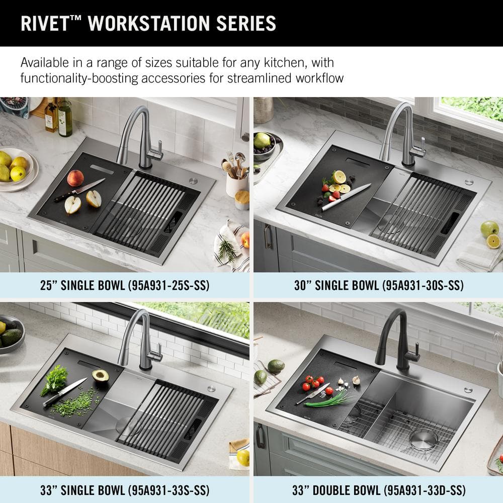 Delta Rivet 25-Inch Stainless Steel Single Bowl Workstation Kitchen Sink