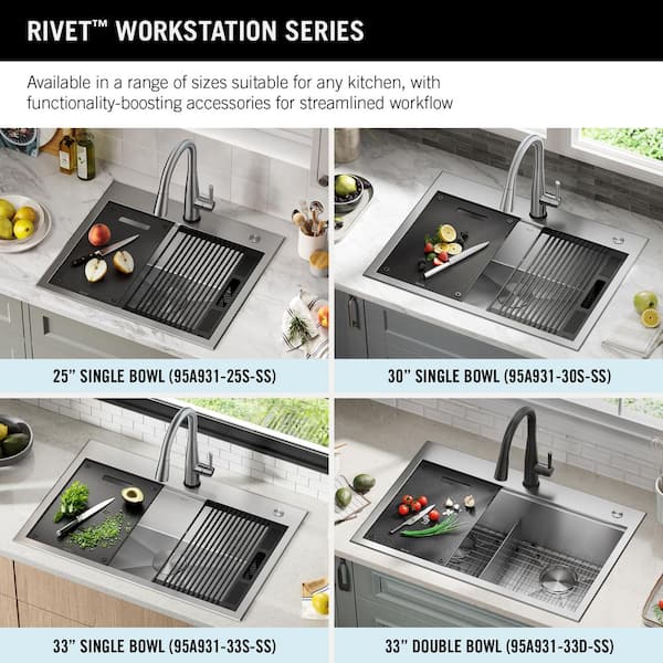 Delta - Rivet 25in Workstation Kitchen Sink Drop-In Top Mount 16 Gauge Stainless Steel Single Bowl with Workflow Ledge and Accessories