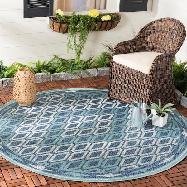 Courtyard Navy/Aqua 4 ft. x 4 ft. Border Diamond Indoor/Outdoor Round Area Rug