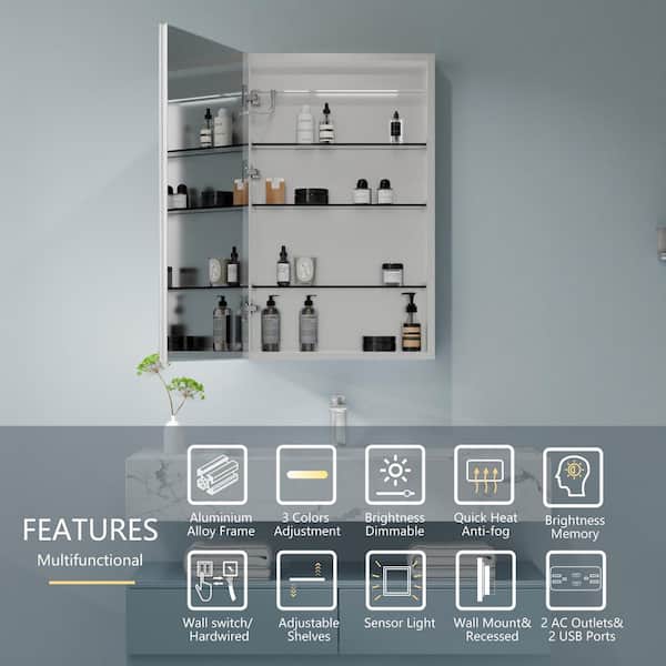 20 in. W x 32 in. H Rectangular Silver Aluminum Recessed/Surface Mount Left Dimmable Medicine Cabinet with Mirror