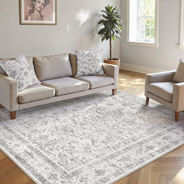 Lausanne Gray 5 ft. x 7 ft. Distressed Vintage Floral Washable Area Rug