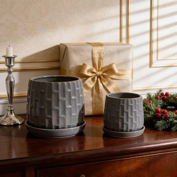 2-Piece Antique Grey Ceramic Round Planter Set, 7.87 in. W x 7.87