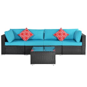 Black 5-Piece Wicker Patio Conversation Sectional Seating Set with 2 Pillows and Blue Cushions