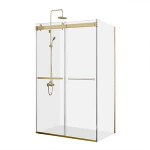 Spezia 56 in. W x 76 in. H Rectangle Double Sliding Semi Frameless Shower Enclosure in Brushed Gold with Clear Glass